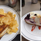 Left: a sandwich and potato chips; right: a slice of cheesecake